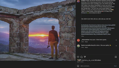 Screenshot of an Instagram post with a person standing in a stone archway overlooking a sunset, captioned 'Taken in United States, Santa Barbara' with hashtags related to nature and travel.