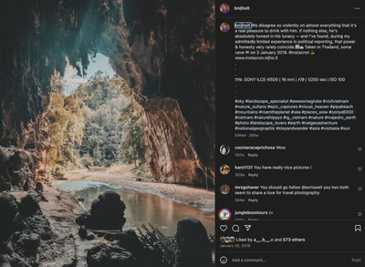 Screenshot of an Instagram post of a cave with a river flowing through it, captioned 'Taken in Thailand, some cave' with hashtags related to travel and adventure.