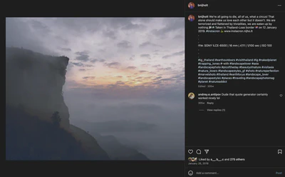 Screenshot of an Instagram post showing a misty mountain landscape at sunrise, captioned 'Taken in Thailand-Laos border' with hashtags related to nature and travel.