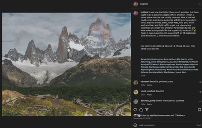 Screenshot of an Instagram post of a mountain range with a green field in the foreground, captioned 'Taken in Lago Argentino, SC, Argentina' with hashtags related to nature and travel.