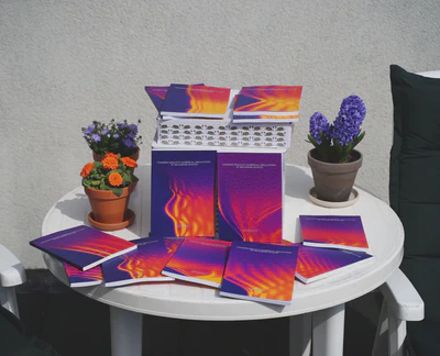 A photograph of multiple printed copies of Bas's PhD thesis laid out on a table outdoors. Each copy has a unique, colorful, generated cover design. Potted plants are visible in the background.